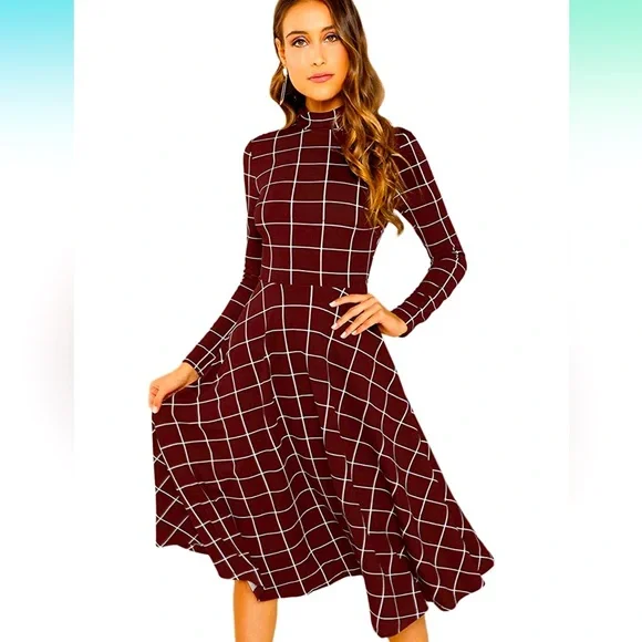 Floerns Women's High Neck Plaid Fit And Flare Midi Dress Red M | Color: Red | Size: M | Steffy949's Closet Floerns Women's High Neck Plaid Fit And Flare Midi Dress Red M | Color: Red | Size: M | Steffy949's Closet